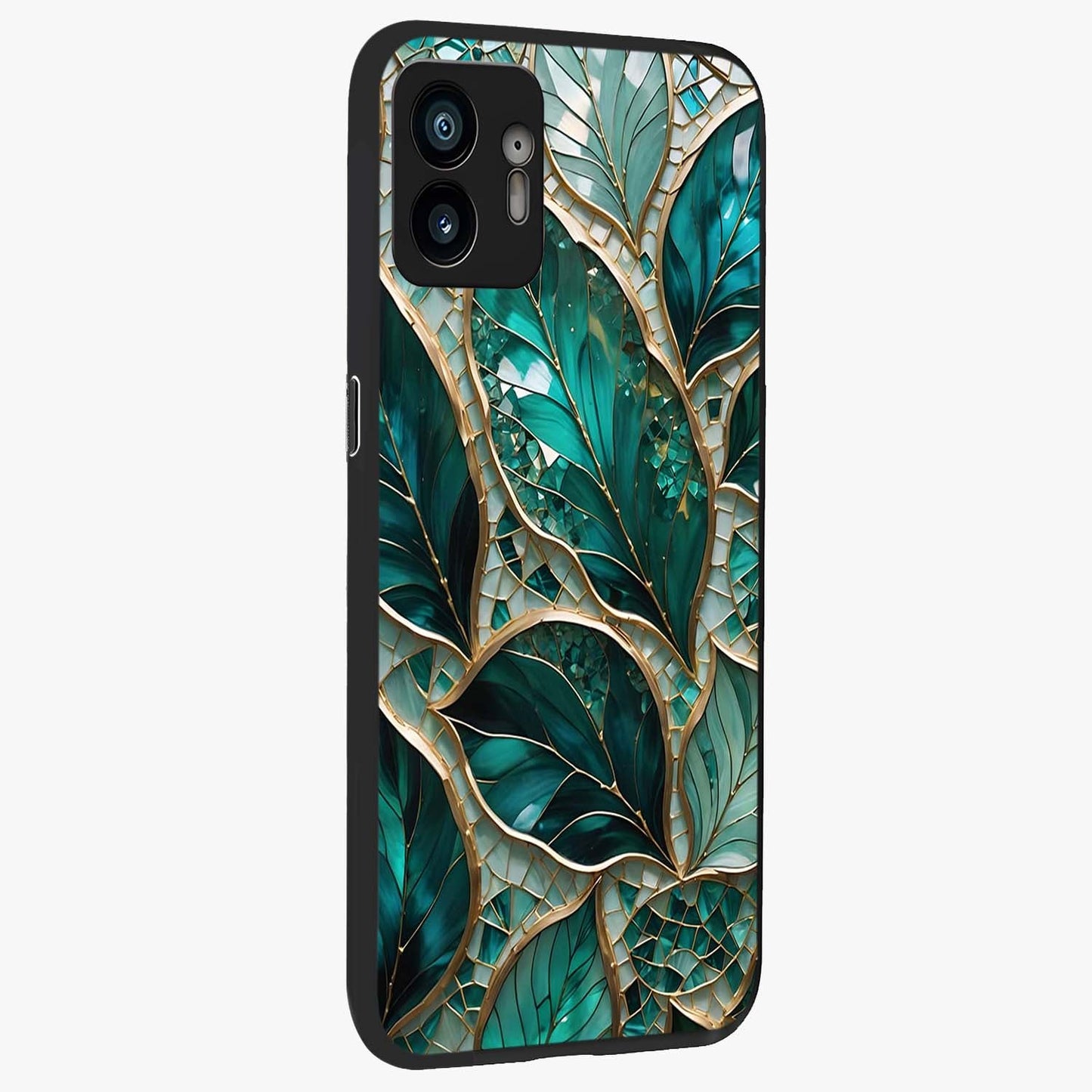 Emerald Leaf Glass Glass Case upright view showcasing fresh green leaf artwork with calming nature inspired style.