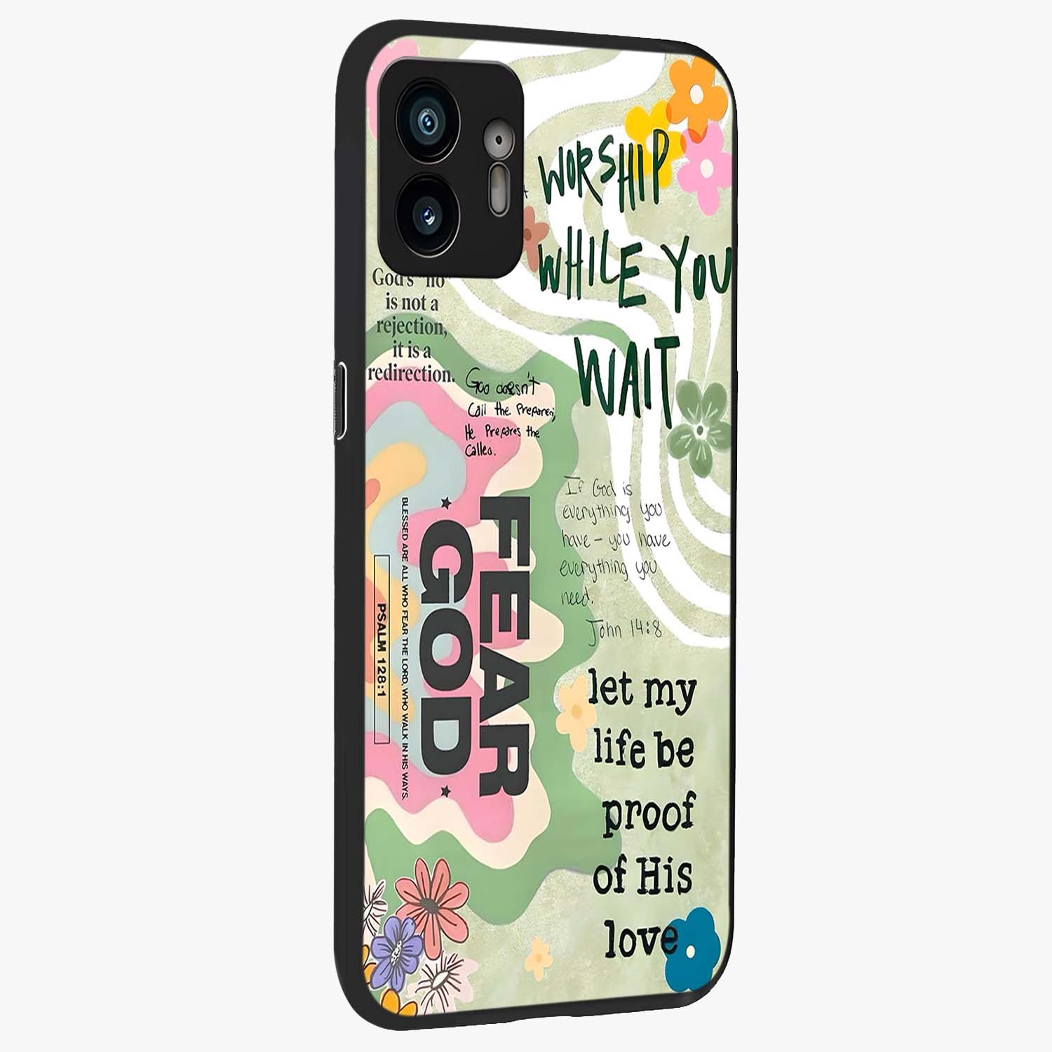 Faith Over Fear Glass Case upright view showcasing bold typography artwork with uplifting motivational theme.