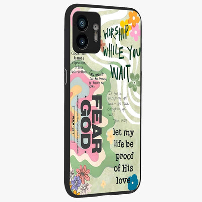 Faith Over Fear Glass Case upright view showcasing bold typography artwork with uplifting motivational theme.