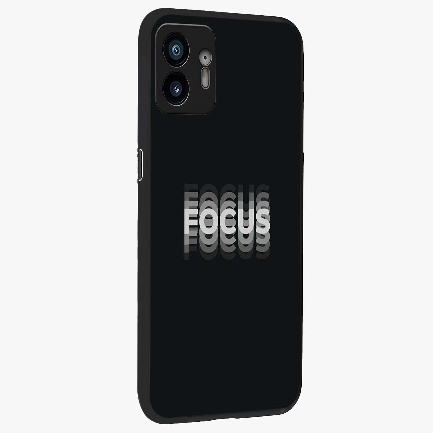 Focus Mode On Glass Case upright view showcasing strong typography statement with sleek motivational theme.