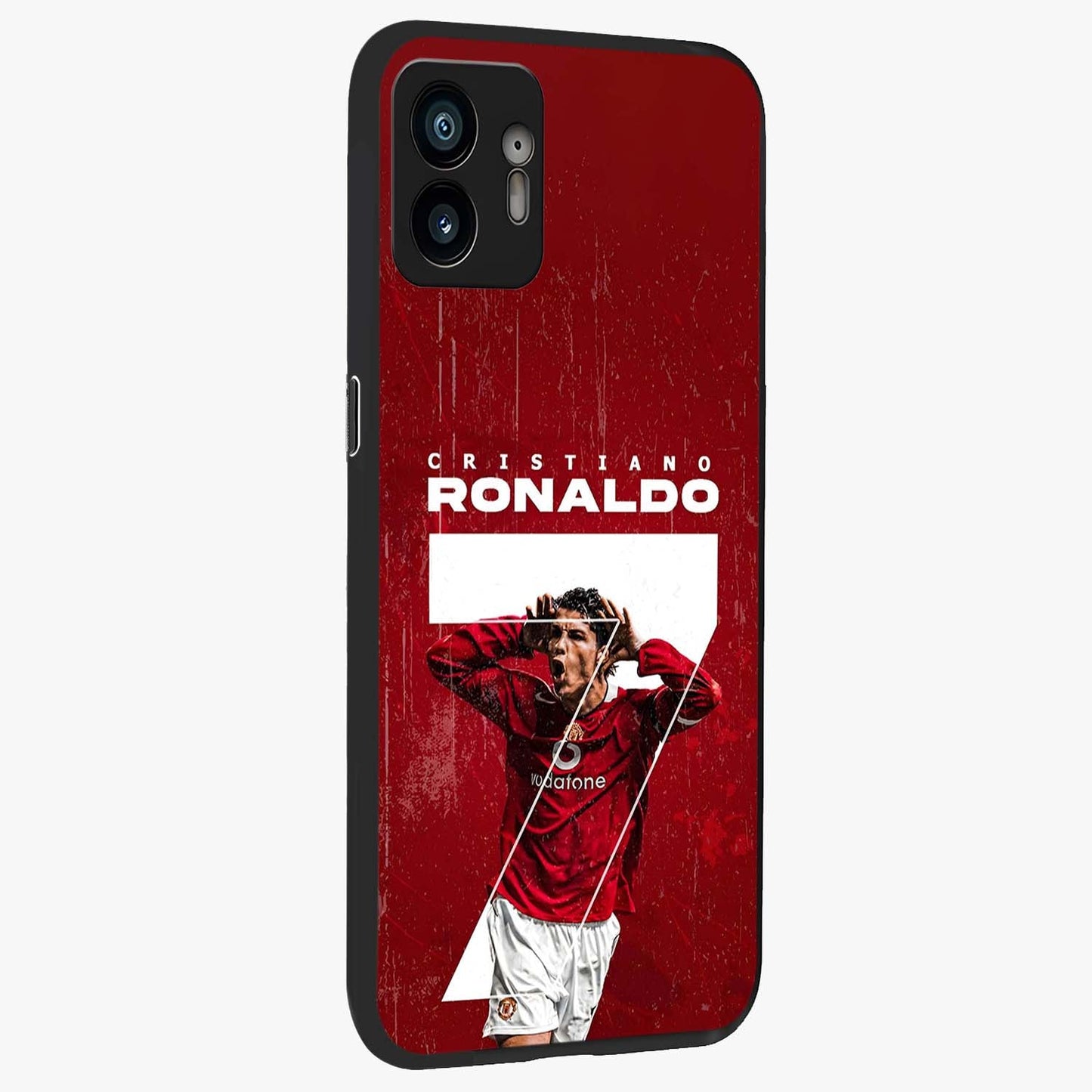 Goal Celebration Legacy Glass Case upright view showcasing dynamic football inspired artwork with victory celebration aesthetic.