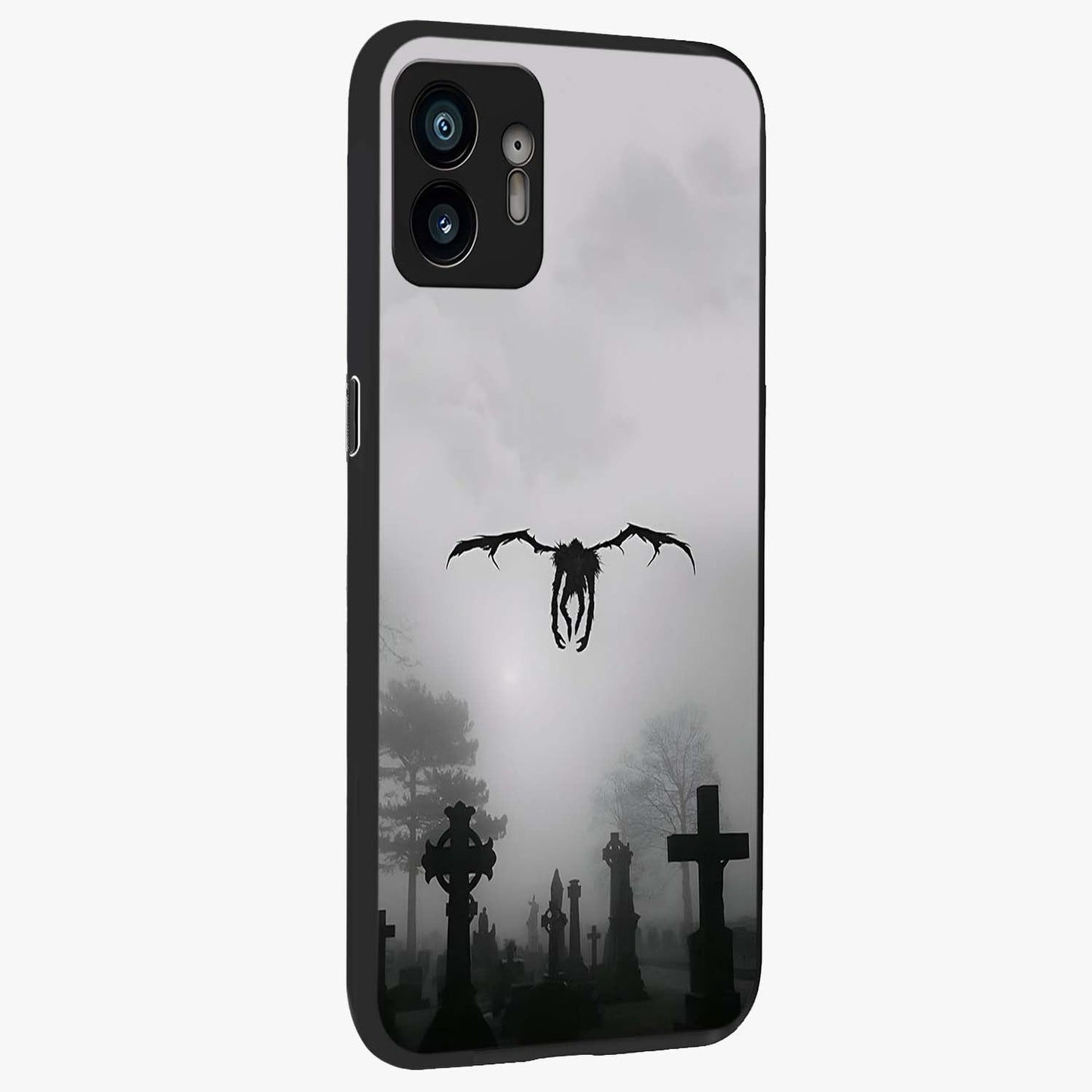 Graveyard Shadow Descent Glass Case upright view showcasing haunting graveyard artwork with dramatic dark theme.