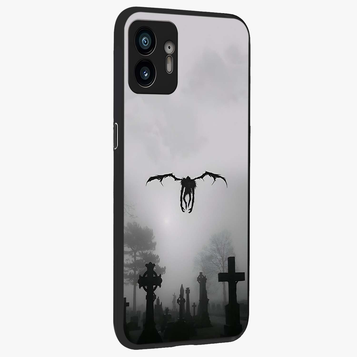 Graveyard Shadow Descent Glass Case upright view showcasing haunting graveyard artwork with dramatic dark theme.