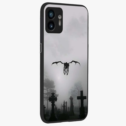 Graveyard Shadow Descent Glass Case upright view showcasing haunting graveyard artwork with dramatic dark theme.