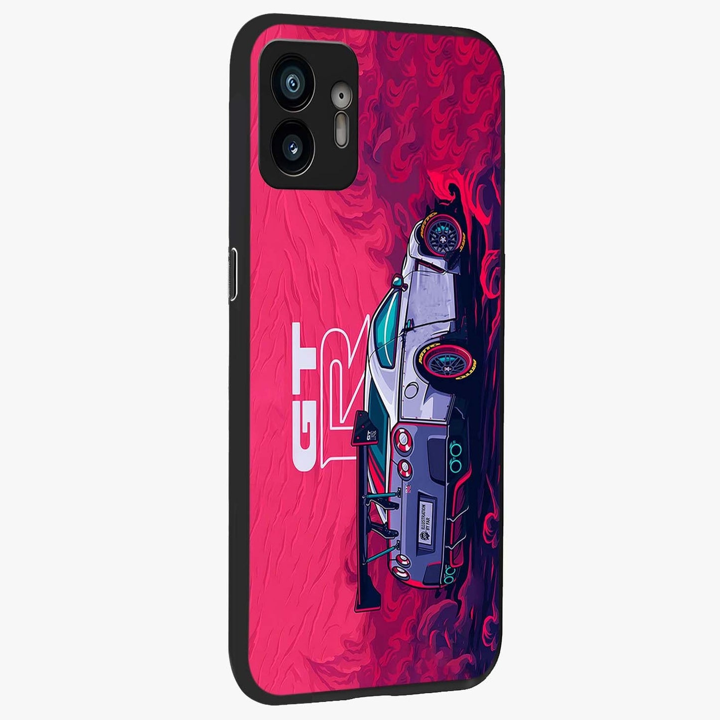 GT-R Car Pattern Glass Case upright view showcasing dynamic car pattern artwork with modern sports theme.