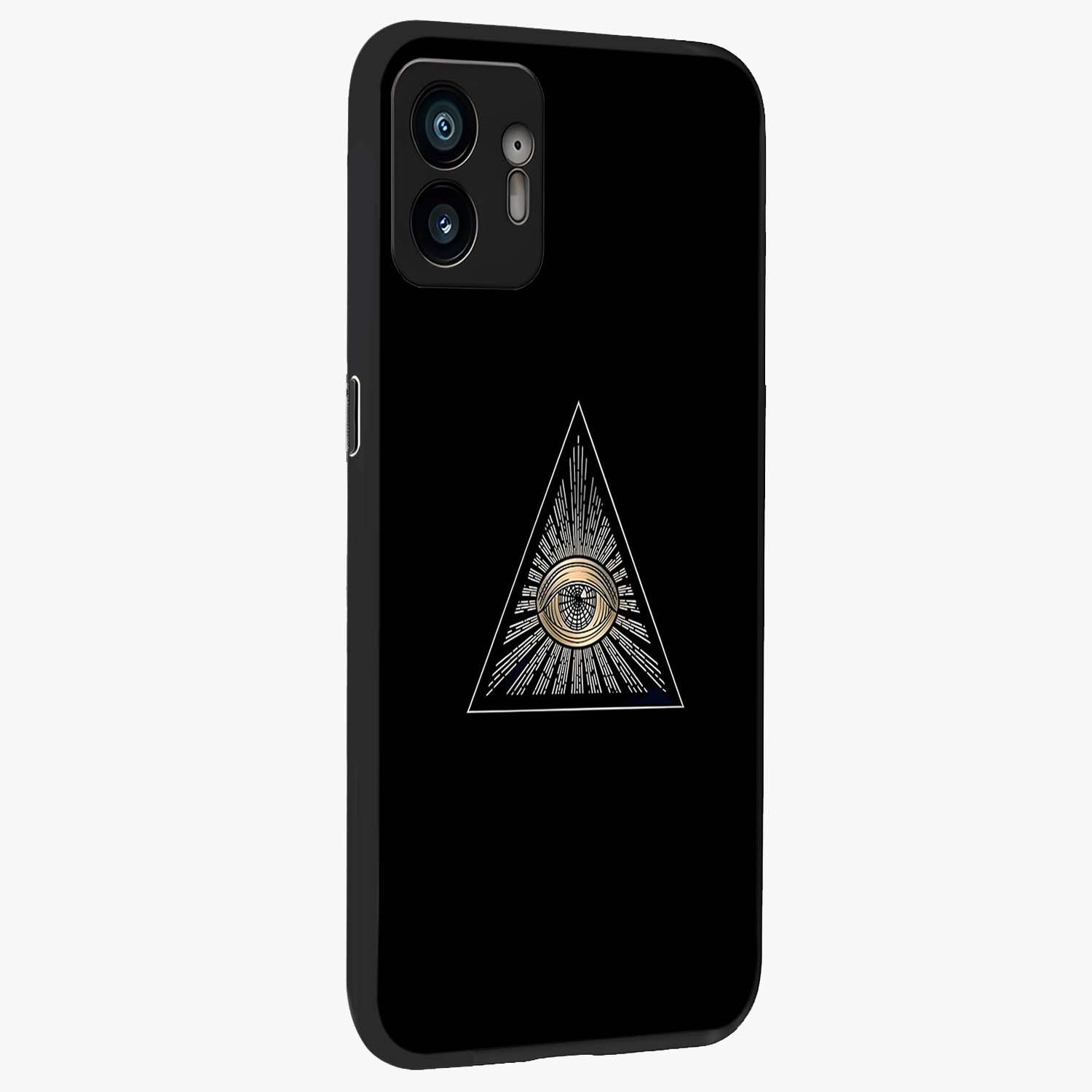 Illuminati Evil Glass Case upright view showcasing striking illuminati artwork with mysterious symbolic theme.
