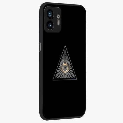 Illuminati Evil Glass Case upright view showcasing striking illuminati artwork with mysterious symbolic theme.