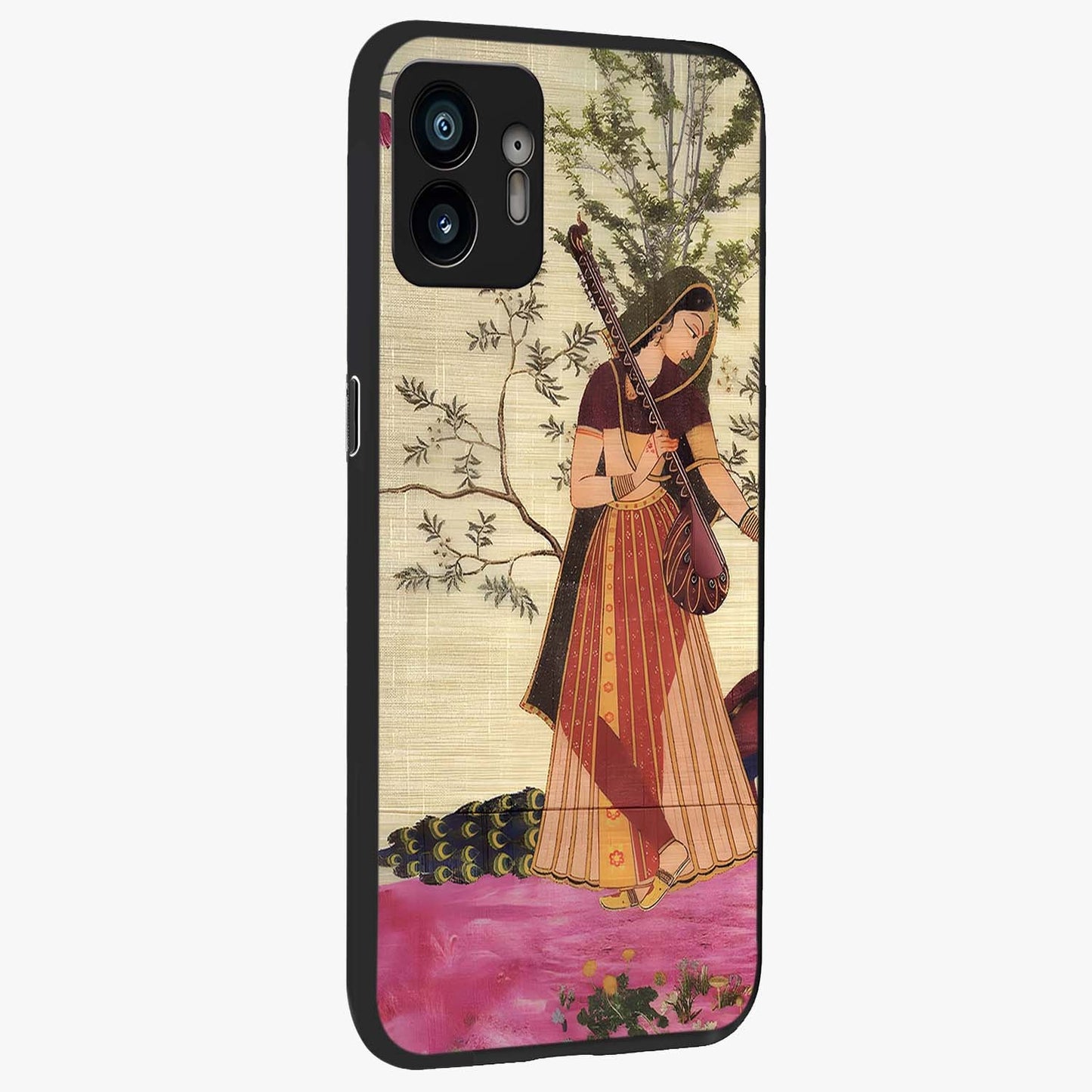 Lady With Veena Art Glass Case upright view showcasing classical veena artwork with traditional artistic theme.