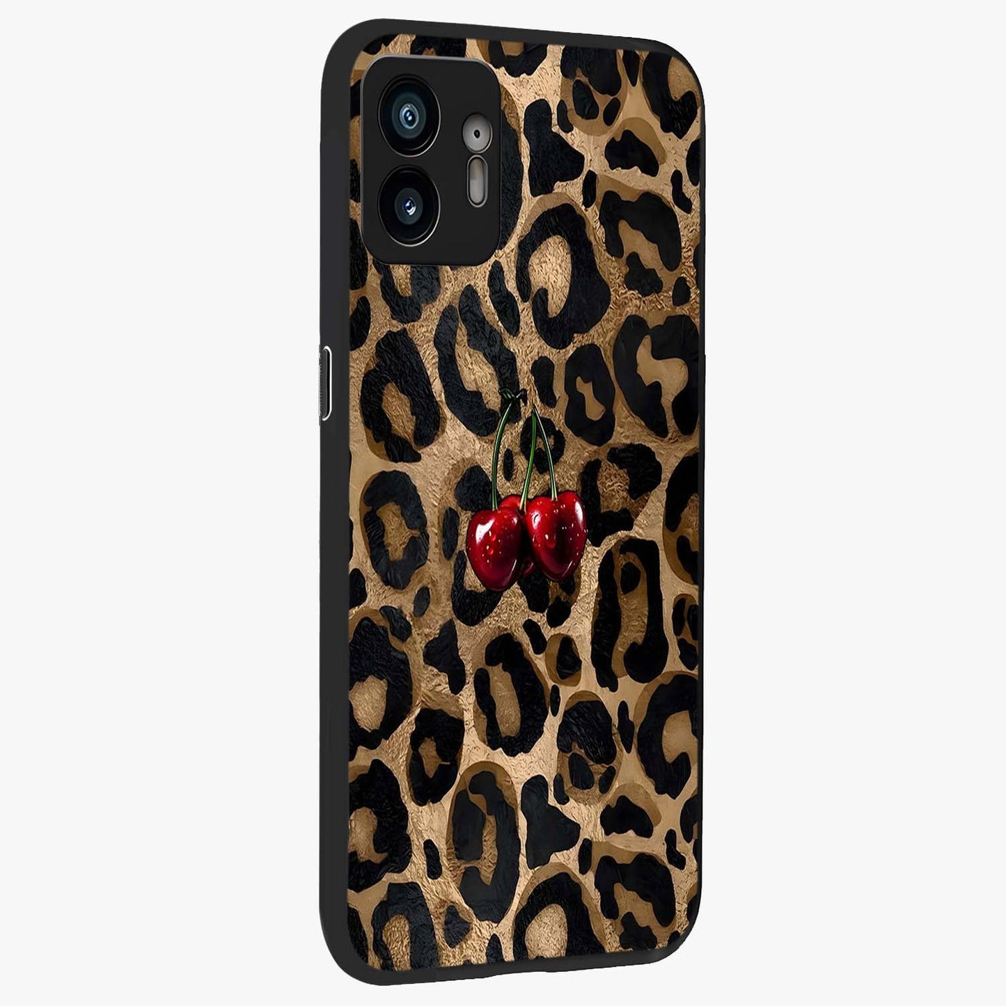 Leopard Wild Cherry Glass Case upright view showcasing stylish leopard pattern artwork with trendy fashion theme.