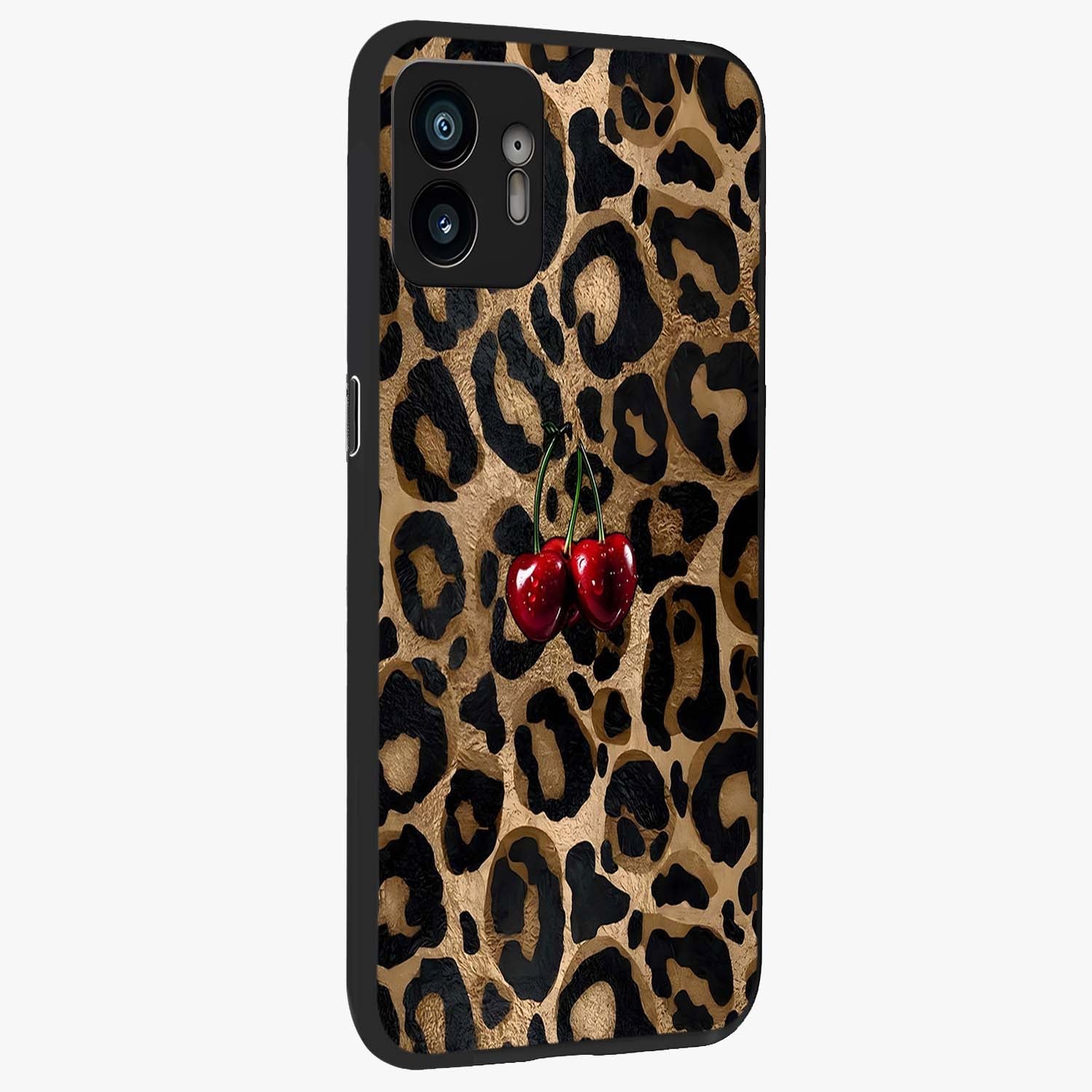 Leopard Wild Cherry Glass Case upright view showcasing stylish leopard pattern artwork with trendy fashion theme.