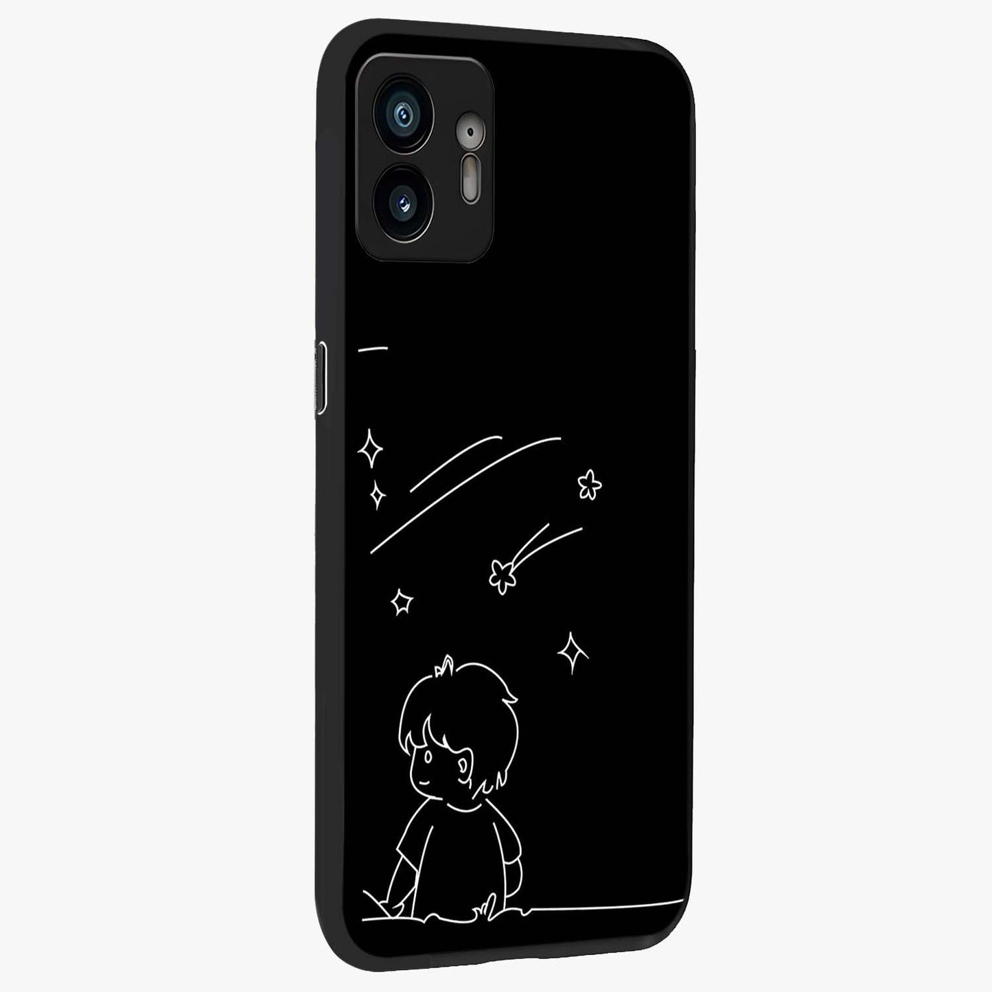 Line Art Boy With Shooting Stars Glass Case upright view showcasing artistic shooting star illustration with minimal style.