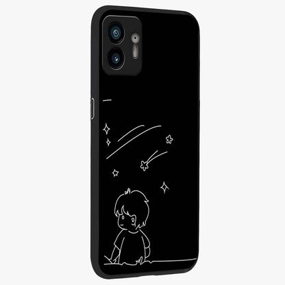Line Art Boy With Shooting Stars Glass Case upright view showcasing artistic shooting star illustration with minimal style.
