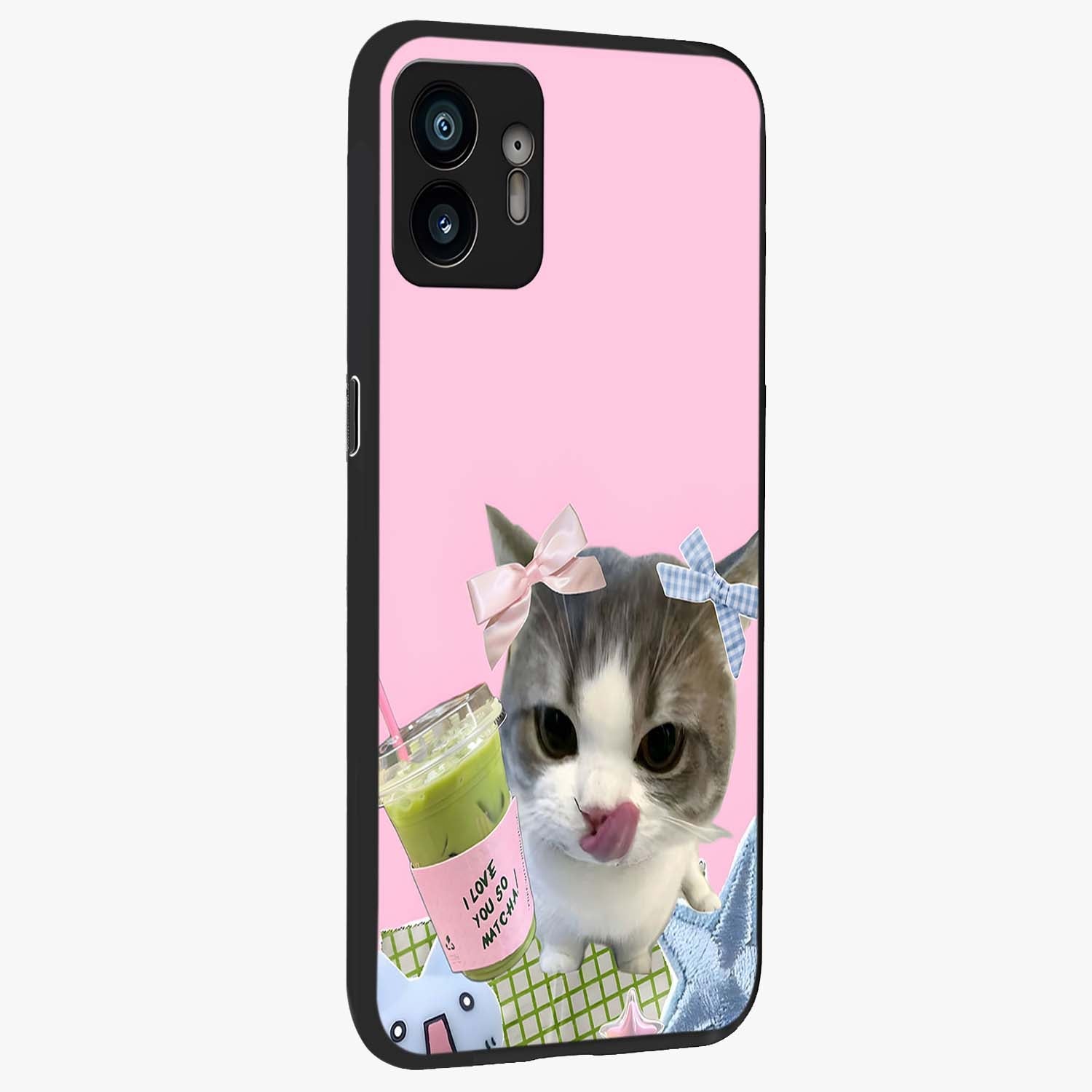 Love Matcha Cat Glass Case upright view showcasing adorable cat artwork with charming matcha themed design.