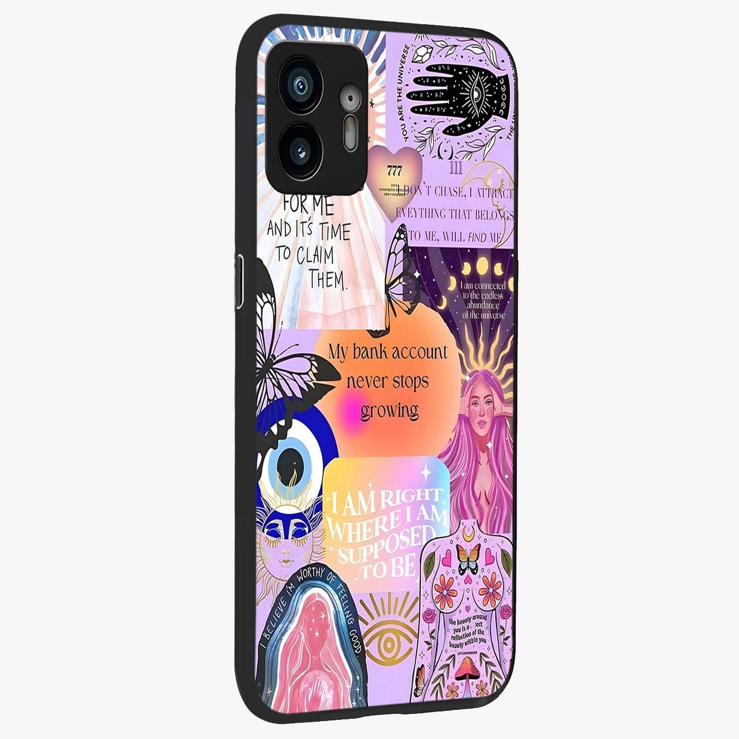 Manifestation Collage Glass Case upright view showcasing artistic manifestation themed artwork with creative style.