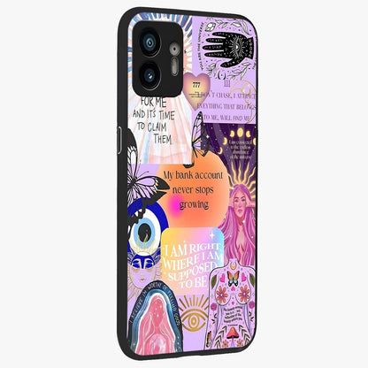 Manifestation Collage Glass Case upright view showcasing artistic manifestation themed artwork with creative style.