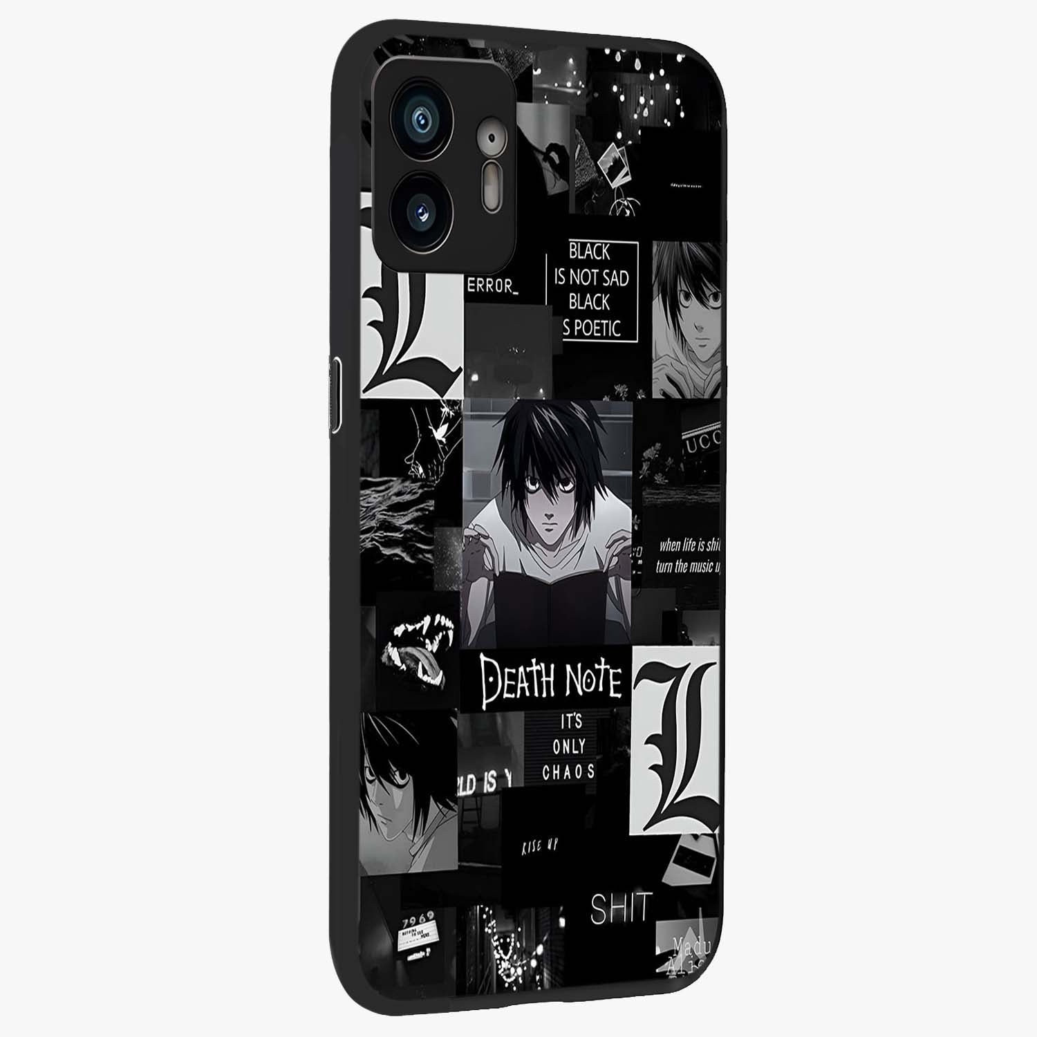 Midnight Chaos Mind Glass Case upright view showcasing expressive abstract artwork with bold dark theme.
