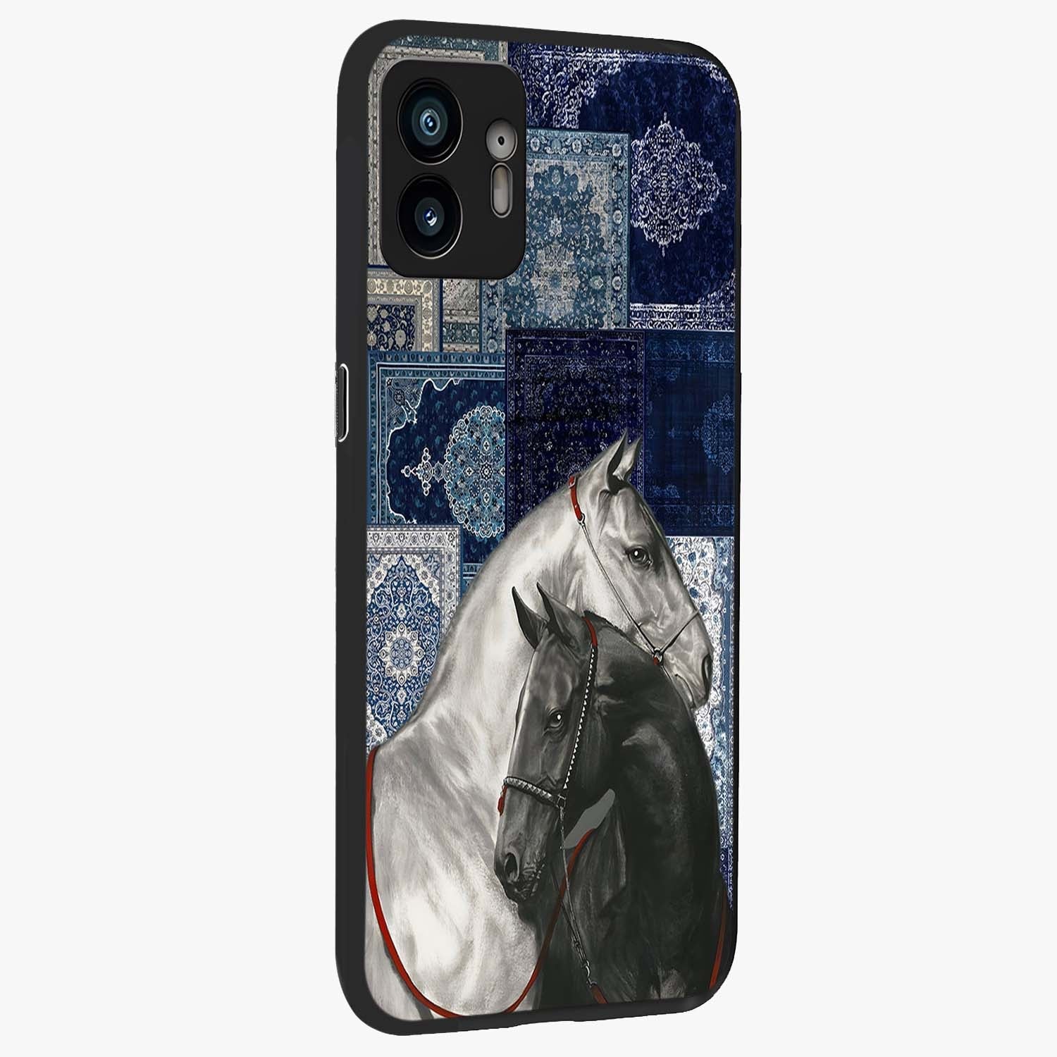 Midnight Stallion Blues Glass Case upright view showcasing dramatic horse artwork with bold artistic theme.