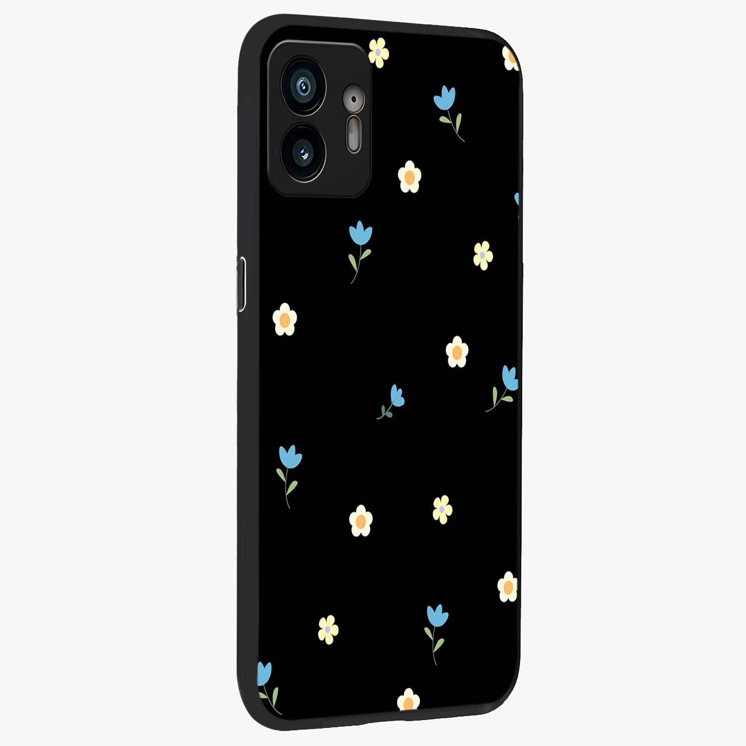 Minimal Petal Whispers Glass Case upright view showcasing elegant floral artwork with modern minimalist style.