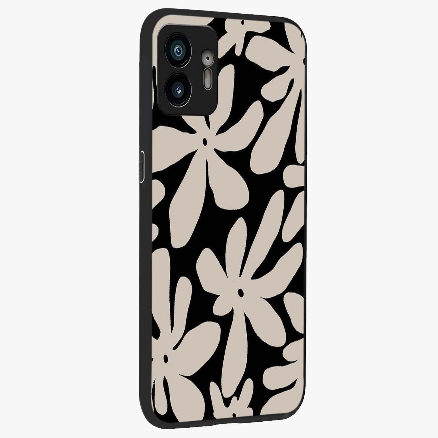 Monochrome Petal Dance Glass Case upright view showcasing artistic floral pattern with stylish monochrome theme.