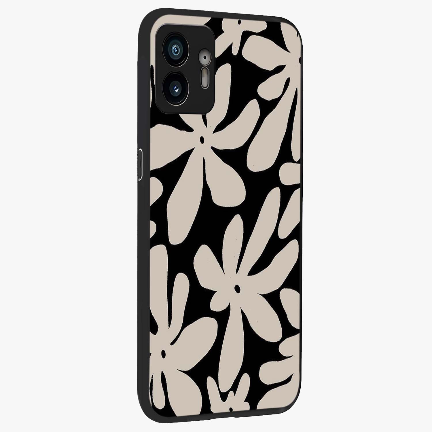 Monochrome Petal Dance Glass Case upright view showcasing artistic floral pattern with stylish monochrome theme.
