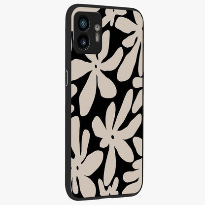Monochrome Petal Dance Glass Case upright view showcasing artistic floral pattern with stylish monochrome theme.