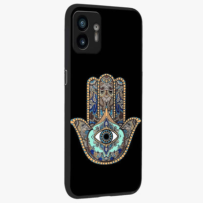 Mystic Hamsa Eye Glass Case upright view showcasing detailed hamsa eye artwork with protective spiritual theme.