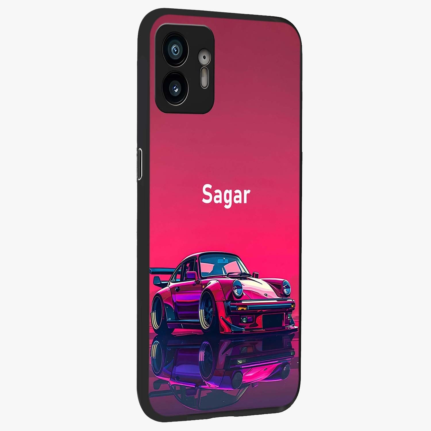 Neon Pink Porsche Glass Case upright view showcasing vibrant sports car artwork with bold automotive theme.