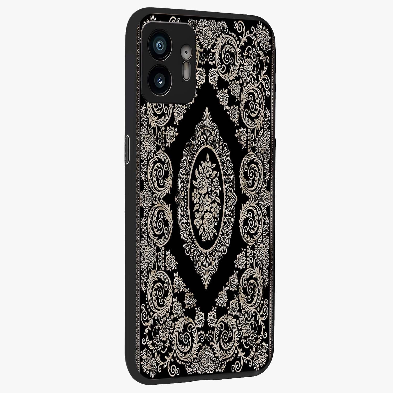 Noir Bloom Elegance Glass Case upright view showcasing graceful floral artwork with luxurious dark theme.