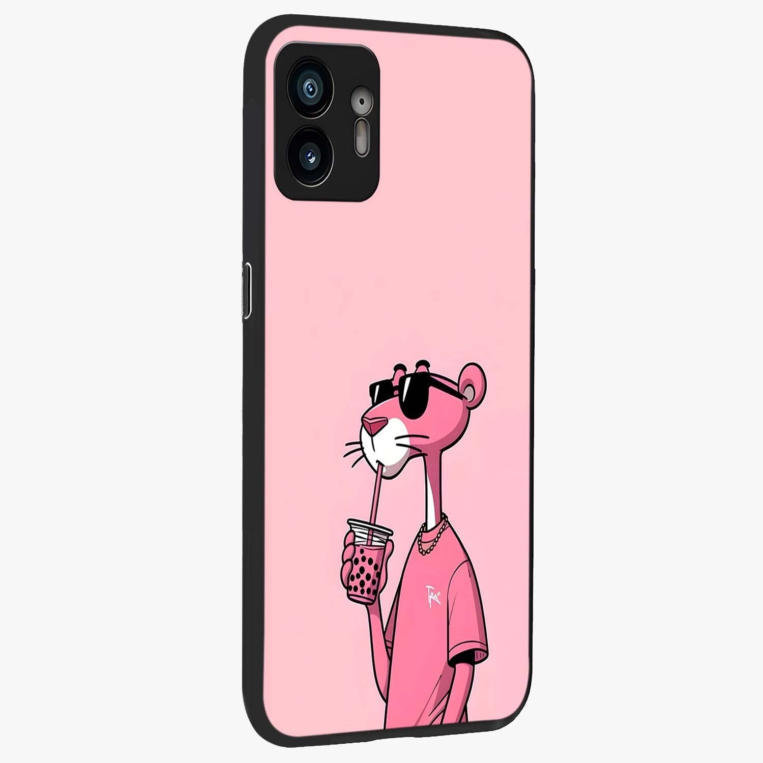 Pink Panther Glass Case upright view showcasing fun animated artwork with stylish retro cartoon theme.