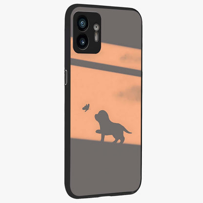 Puppy Shadow Art Glass Case upright view showcasing charming puppy artwork with creative silhouette theme.