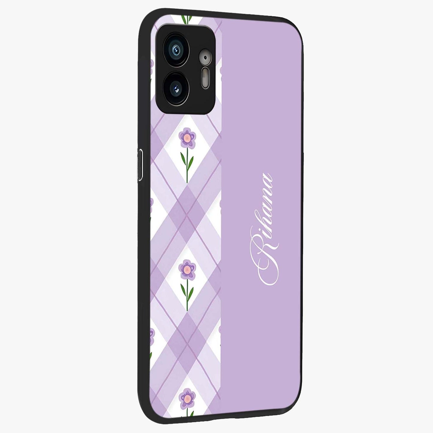 Purple Diamond Floral Glass Case upright view showcasing vibrant floral artwork with stylish geometric theme.