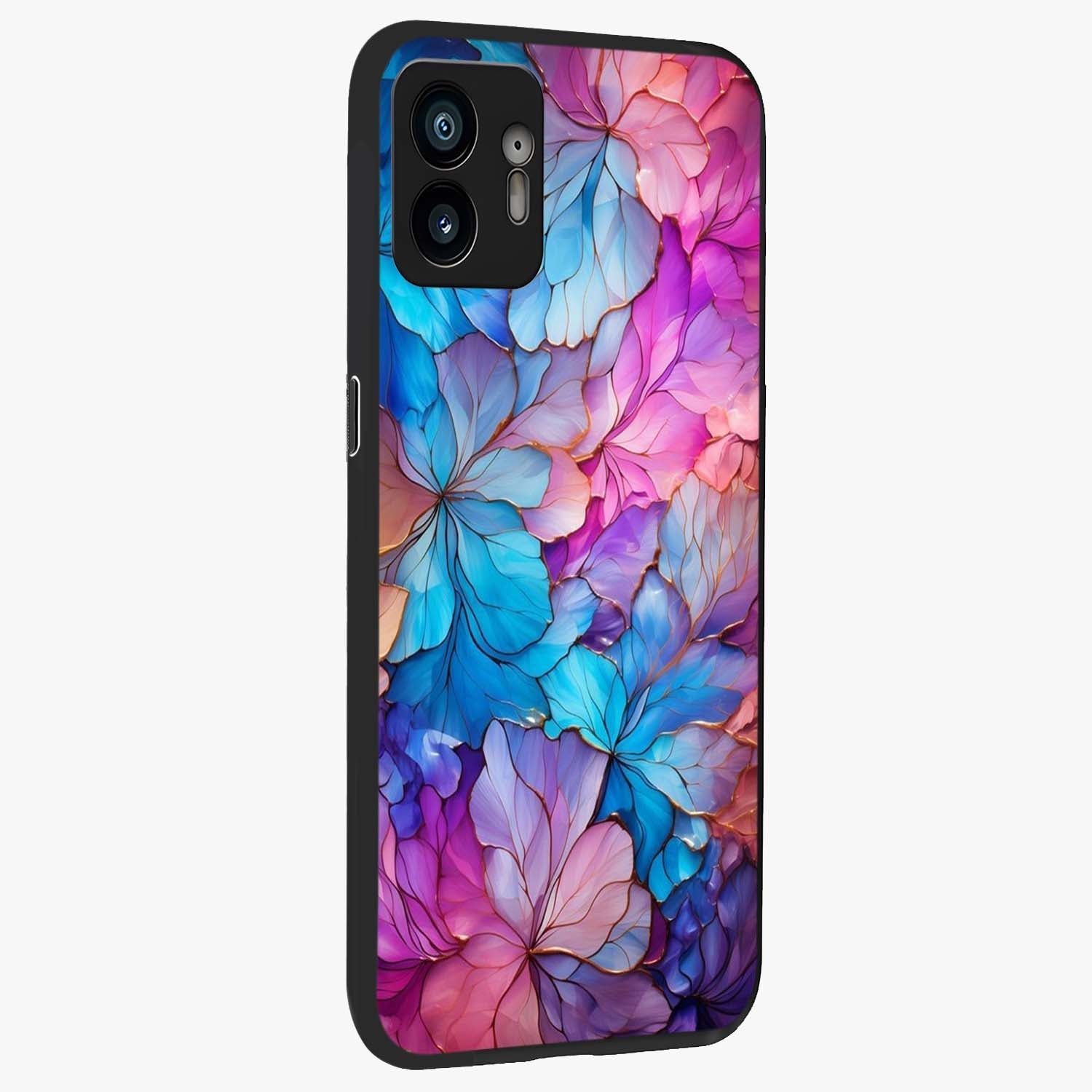 Radiant Floral Whirl Glass Case upright view showcasing lively floral artwork with decorative swirl theme.