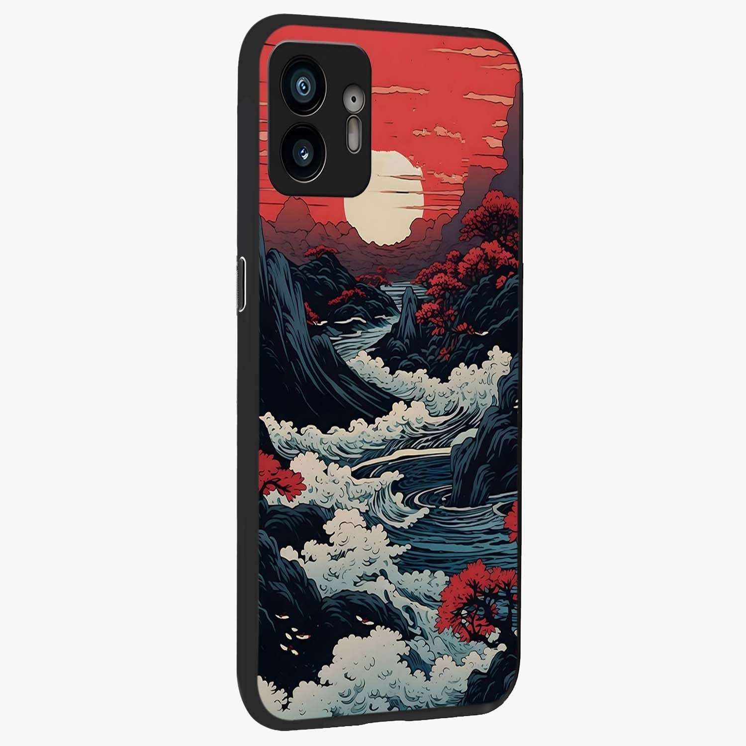 Red Sunset Scenery Glass Case upright view showcasing dramatic sunset scenery artwork with warm nature theme.