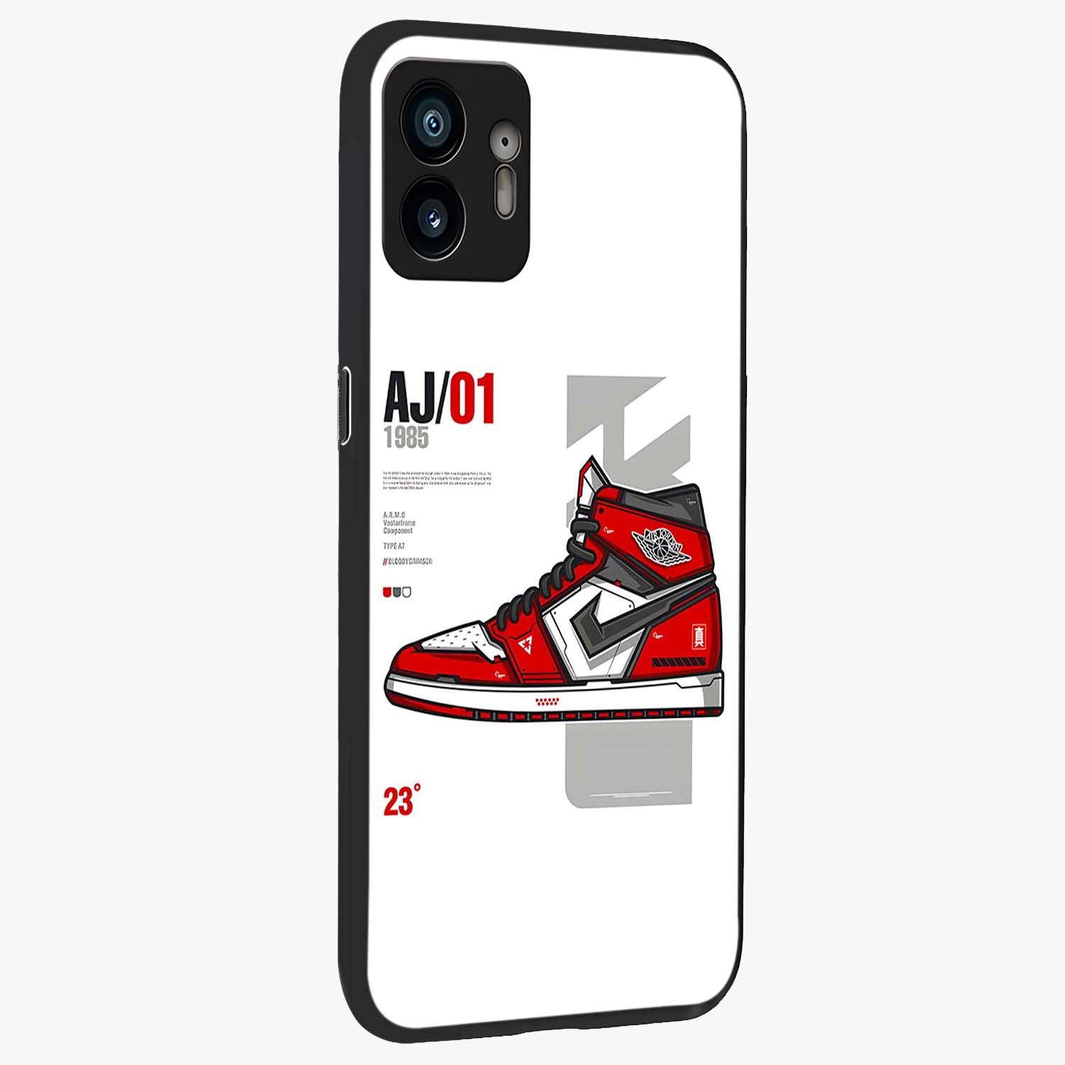 Retro Sneaker Blueprint Glass Case upright view showcasing stylish sneaker illustration with vintage streetwear theme.