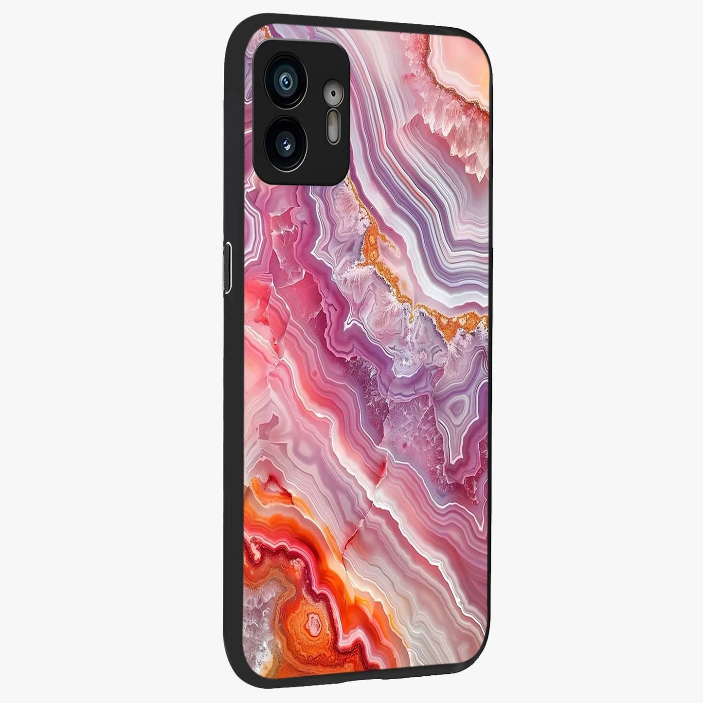 Rose Quartz Marble Glass Case upright view showcasing decorative marble artwork with luxurious pastel theme.