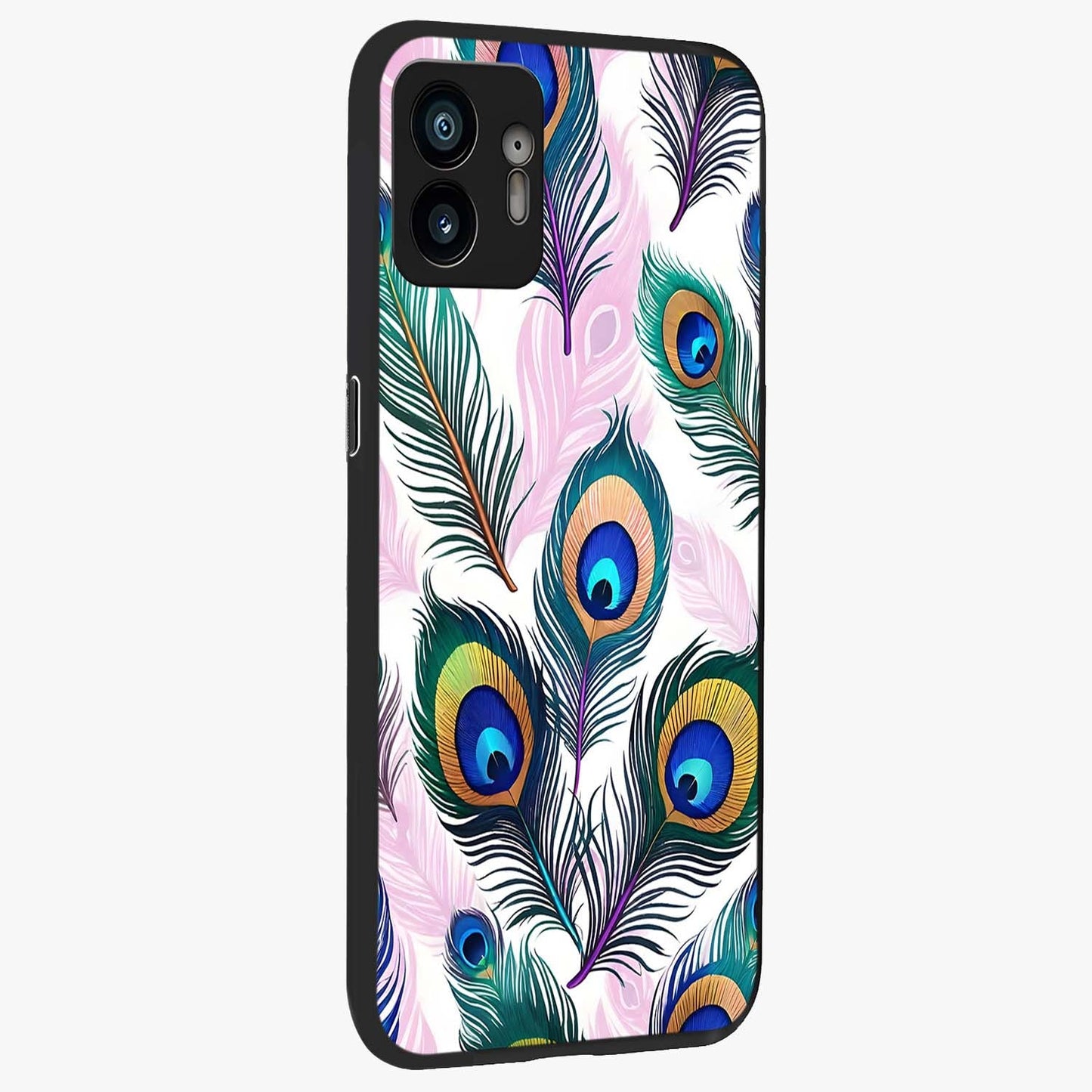 Royal Peacock Feathers Glass Case upright view showcasing elegant peacock feather artwork with decorative royal theme.