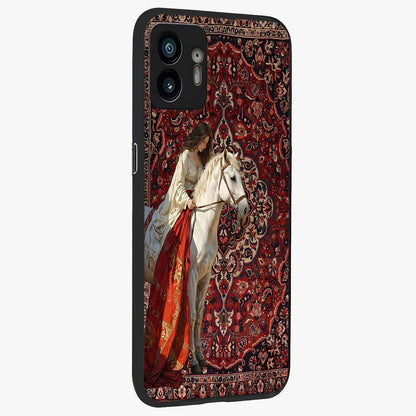 Royal Rider Tapestry Glass Case upright view showcasing detailed rider artwork with classic tapestry theme.