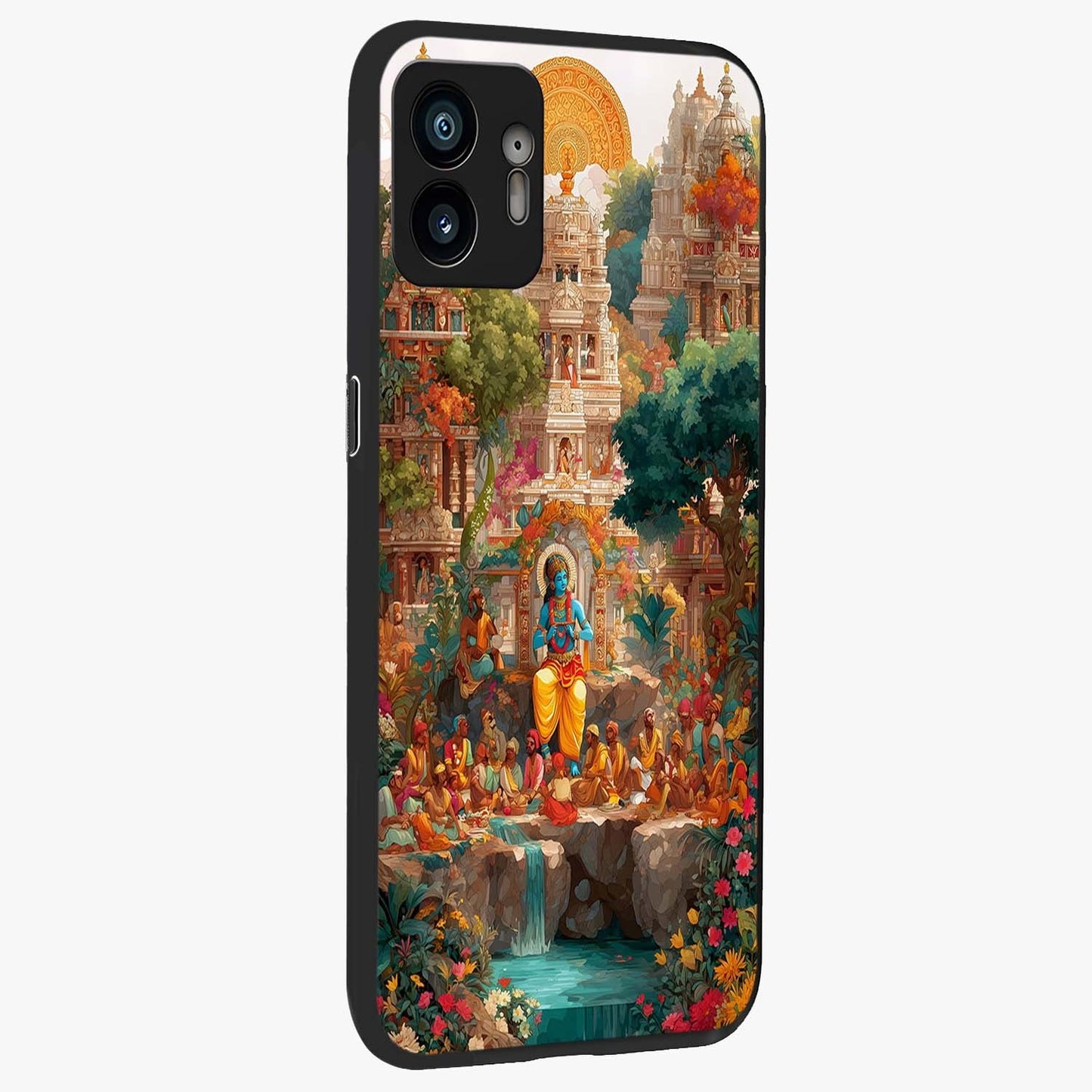 Sacred Sunlight Gods Glass Case upright view showcasing glowing divine artwork with sacred mythological theme.