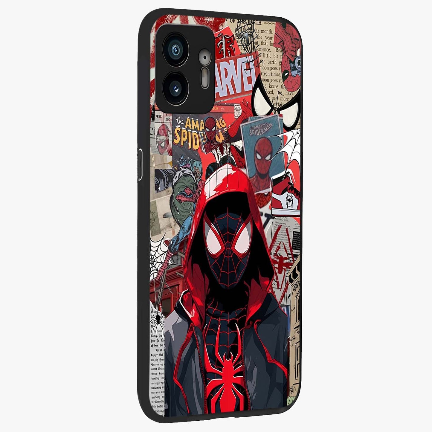 Spider Collage Street Glass Case upright view showcasing bold superhero artwork with urban street theme.