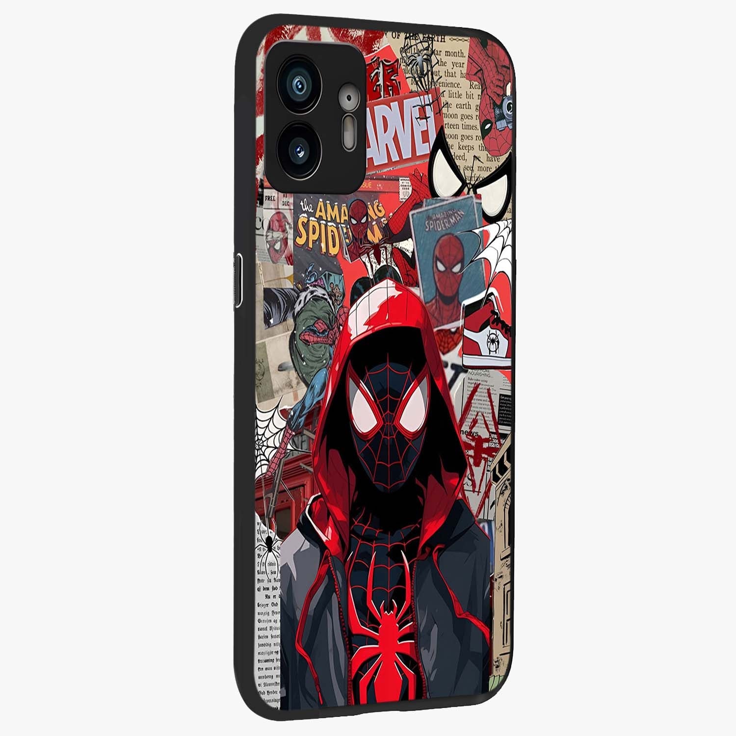 Spider Collage Street Glass Case upright view showcasing bold superhero artwork with urban street theme.