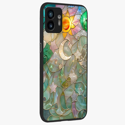 Stained Sunrise Glow Glass Case upright view showcasing colorful sunrise artwork with warm morning theme.