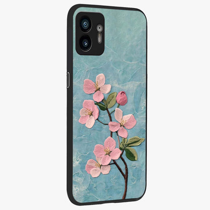 Threaded Blossom Breeze Glass Case upright view showcasing graceful flower artwork with calm botanical theme.