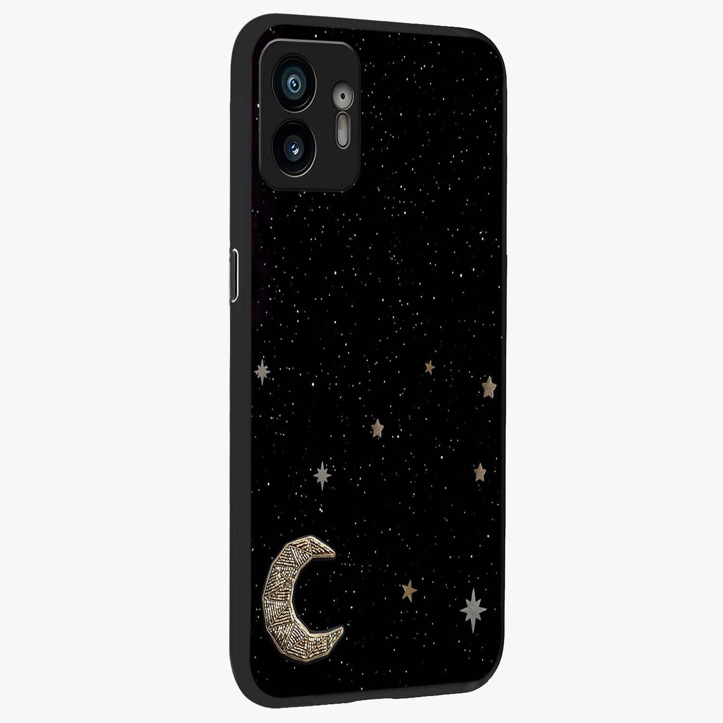 Twinkle Star With Half Moon Glass Case upright view showcasing glowing cosmic artwork with dreamy night theme.