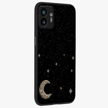 Twinkle Star With Half Moon Glass Case upright view showcasing glowing cosmic artwork with dreamy night theme.