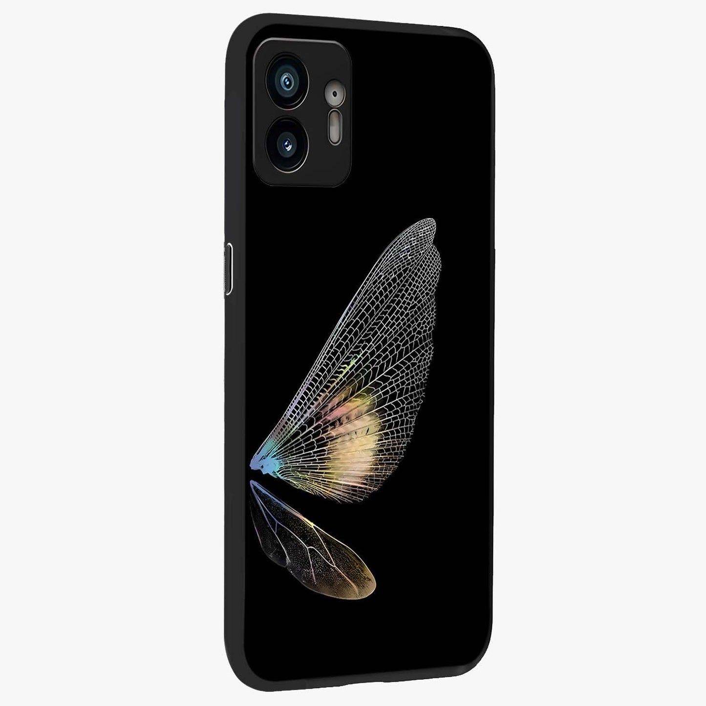 Whispers Of Wings Glass Case upright view showcasing elegant wing artwork with light airy theme.