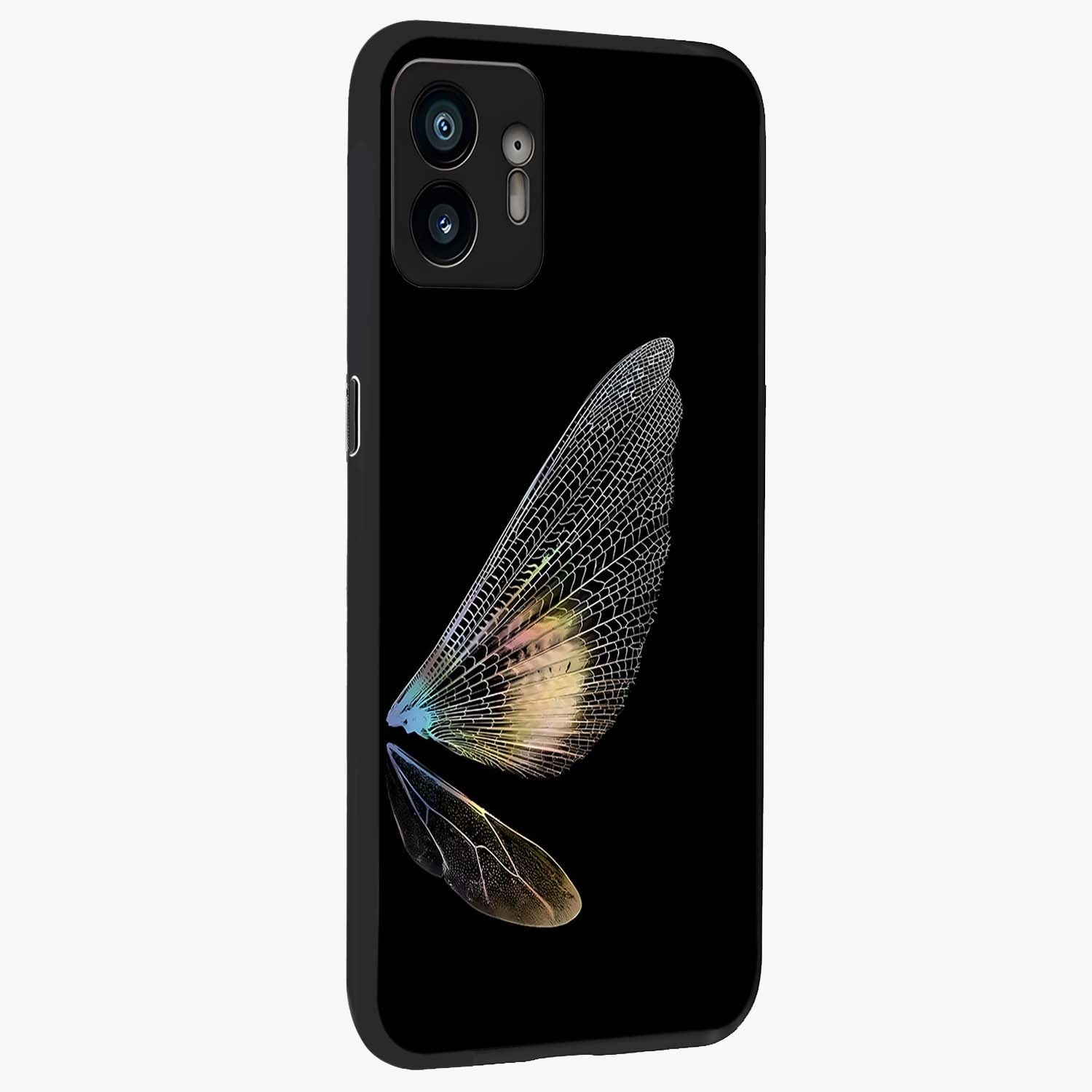 Whispers Of Wings Glass Case upright view showcasing elegant wing artwork with light airy theme.
