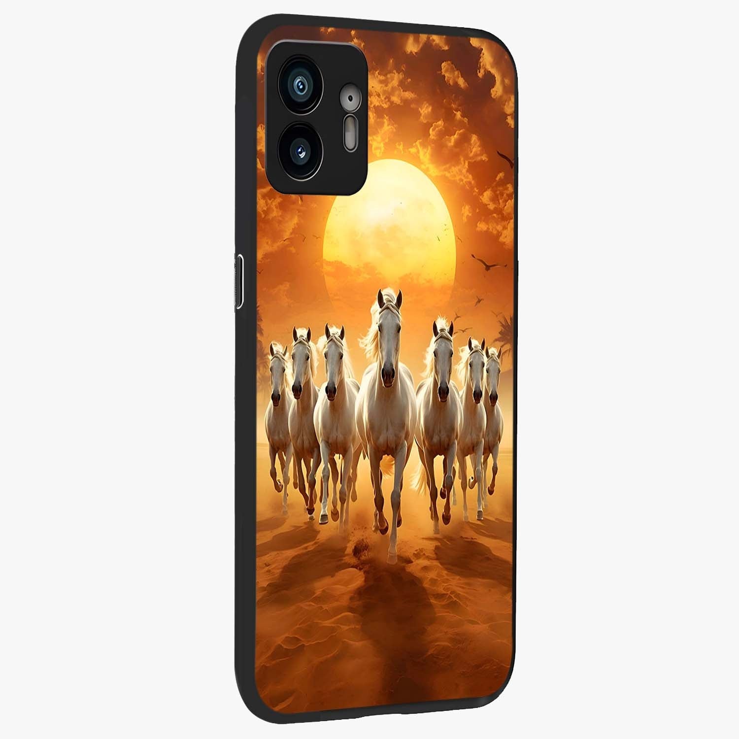 Wild Sunset Majesty Glass Case upright view showcasing dramatic sunset artwork with bold nature theme.
