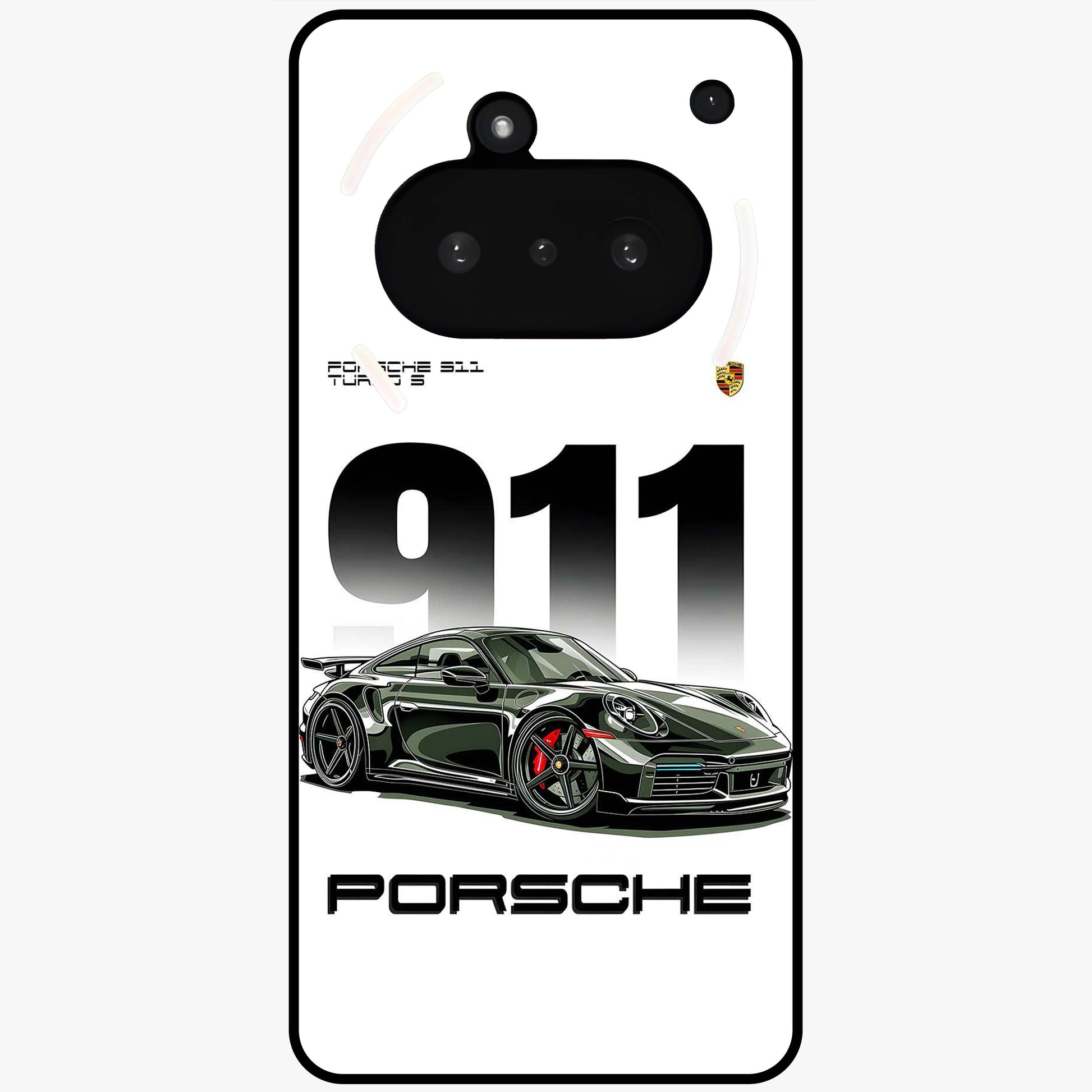 911 Turbo Dominance Glass Case showing clean flat back view with bold 911 sports car artwork and glossy glass finish.