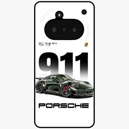 911 Turbo Dominance Glass Case showing clean flat back view with bold 911 sports car artwork and glossy glass finish.