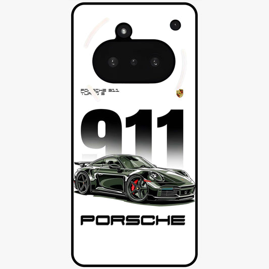911 Turbo Dominance Glass Case showing clean flat back view with bold 911 sports car artwork and glossy glass finish.